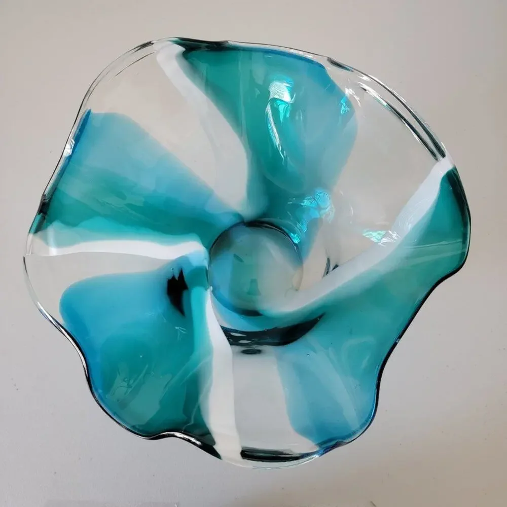 Hand Blown Glass Vase Bowl Turquoise White Clear Handkerchief Flair Home Decor
